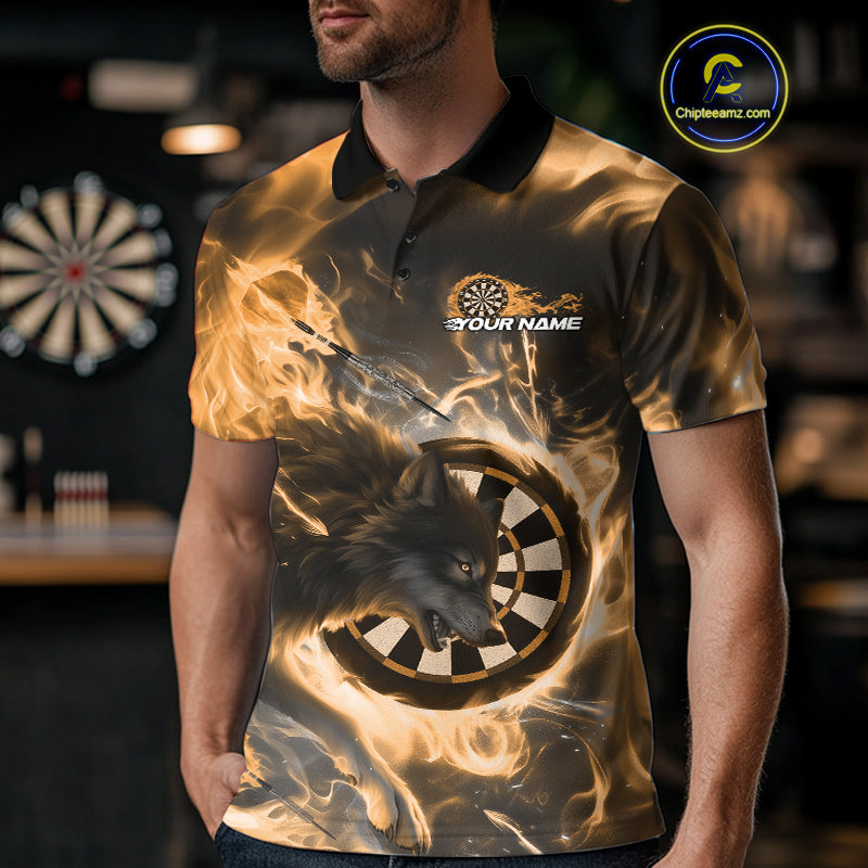 Custom Yellow Fire Flame Dart Wolf Men Polo Shirts, Dart League Shirt Team Jerseys IPHW10005