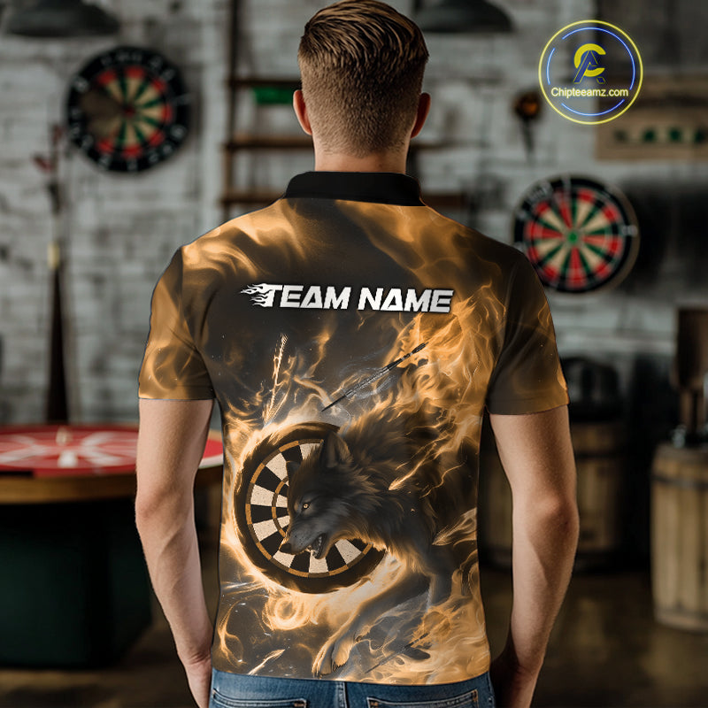 Custom Yellow Fire Flame Dart Wolf Men Polo Shirts, Dart League Shirt Team Jerseys IPHW10005