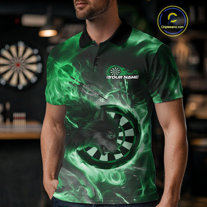 Custom Green Fire Flame Dart Wolf Men Polo Shirts, Dart League Shirt Team Jerseys IPHW10007