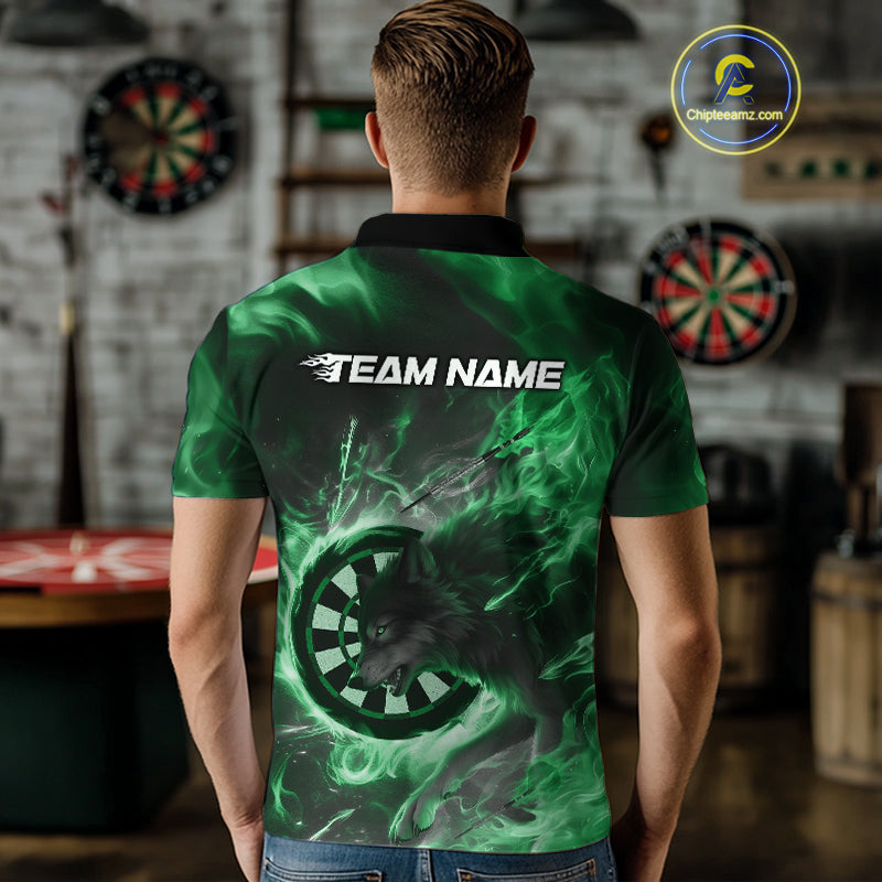 Custom Green Fire Flame Dart Wolf Men Polo Shirts, Dart League Shirt Team Jerseys IPHW10007