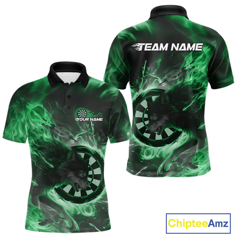 Custom Green Fire Flame Dart Wolf Men Polo Shirts, Dart League Shirt Team Jerseys IPHW10007