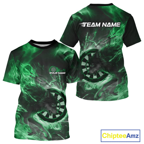 Custom Green Fire Flame Dart Wolf Men T-Shirts, Dart League Team Jerseys IPHW10007