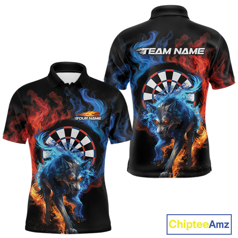 Custom Orange And Blue Smoke Flame Wolf Dart Team Men Polo Shirts, Fire Dart Jerseys IPHW10009