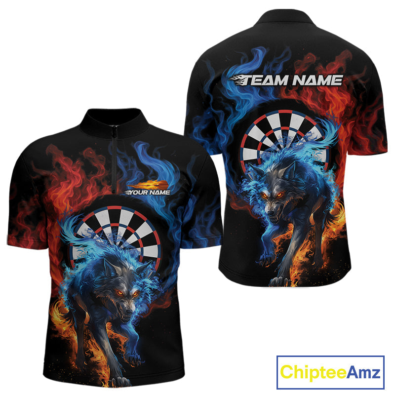 Custom Orange And Blue Smoke Flame Wolf Dart Team Men Quarter-Zip Shirts, Fire Dart Jerseys IPHW10009