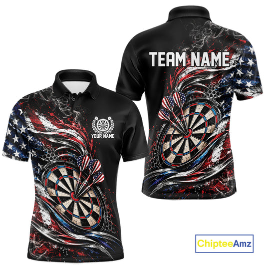 Custom Patriotic Smoke American Flag Bullseye Dart Men Polo Shirt, Dart Jersey IPHW12516