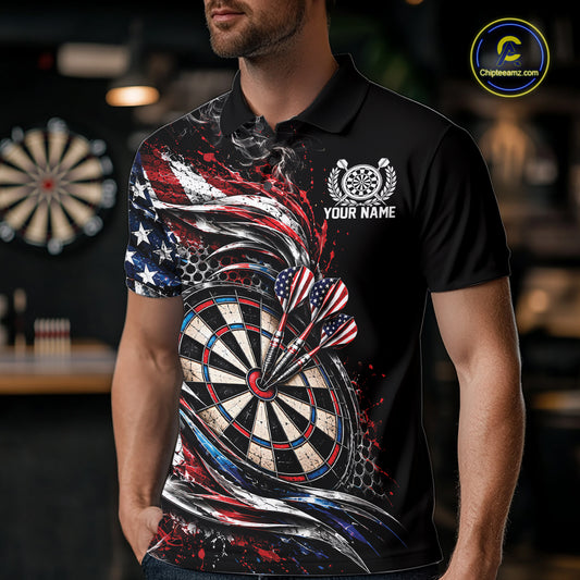 Custom Patriotic Smoke American Flag Bullseye Dart Men Polo Shirt, Dart Jersey IPHW12516