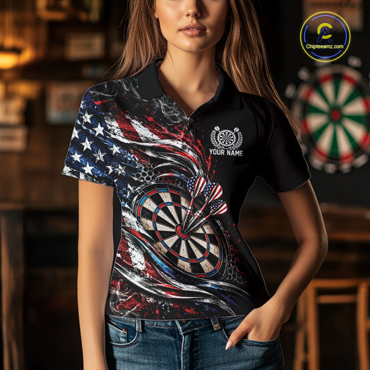 Custom Patriotic Smoke American Flag Bullseye Dart Women Polo Shirt, Dart Jersey IPHW12516