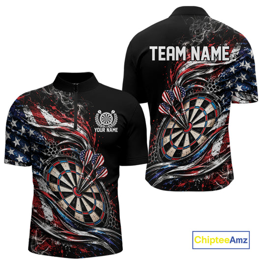 Custom Patriotic Smoke American Flag Bullseye Dart Men Quarter Zip Shirt, Dart Jersey IPHW12516