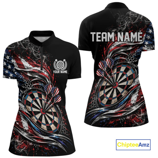 Custom Patriotic Smoke American Flag Bullseye Dart Women Quarter-Zip Shirt, Dart Jersey IPHW12516