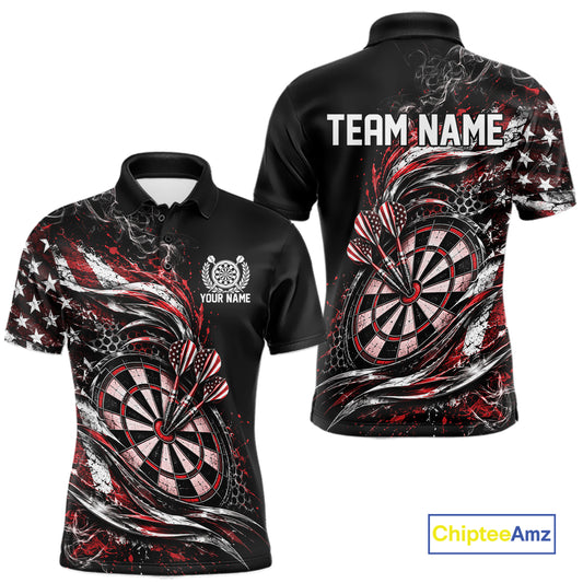 Custom Black And Red Patriotic Smoke US Flag Bullseye Dart Men Polo Shirt, Dart Jersey IPHW12517