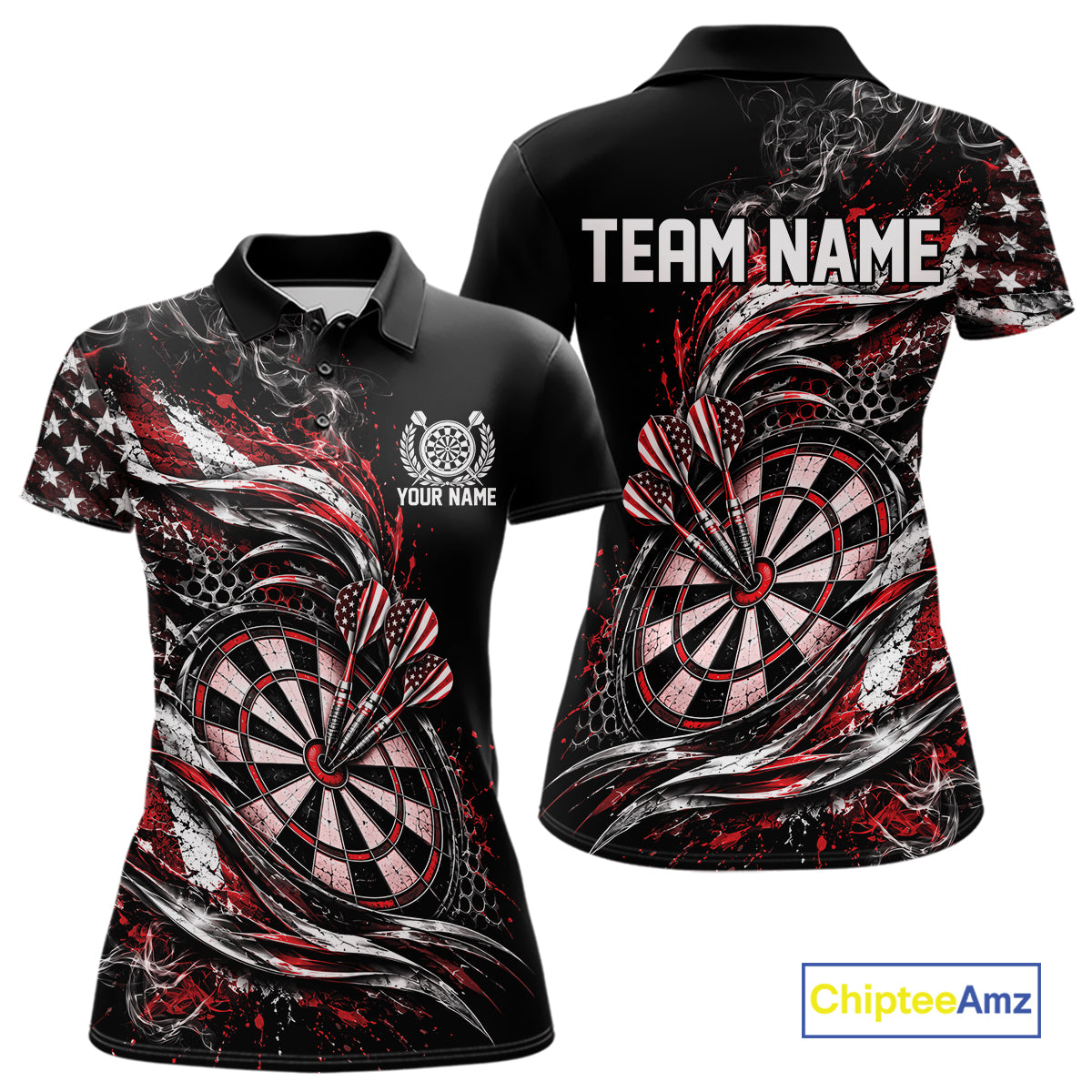 Custom Black And Red Patriotic Smoke US Flag Bullseye Dart Women Polo Shirt, Dart Jersey IPHW12517