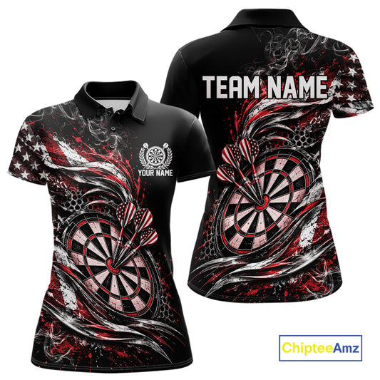 Custom Black And Red Patriotic Smoke US Flag Bullseye Dart Women Polo Shirt, Dart Jersey IPHW12517