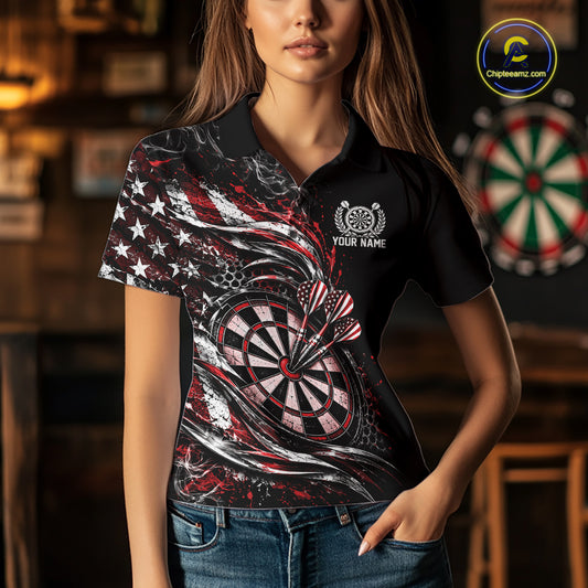 Custom Black And Red Patriotic Smoke US Flag Bullseye Dart Women Polo Shirt, Dart Jersey IPHW12517
