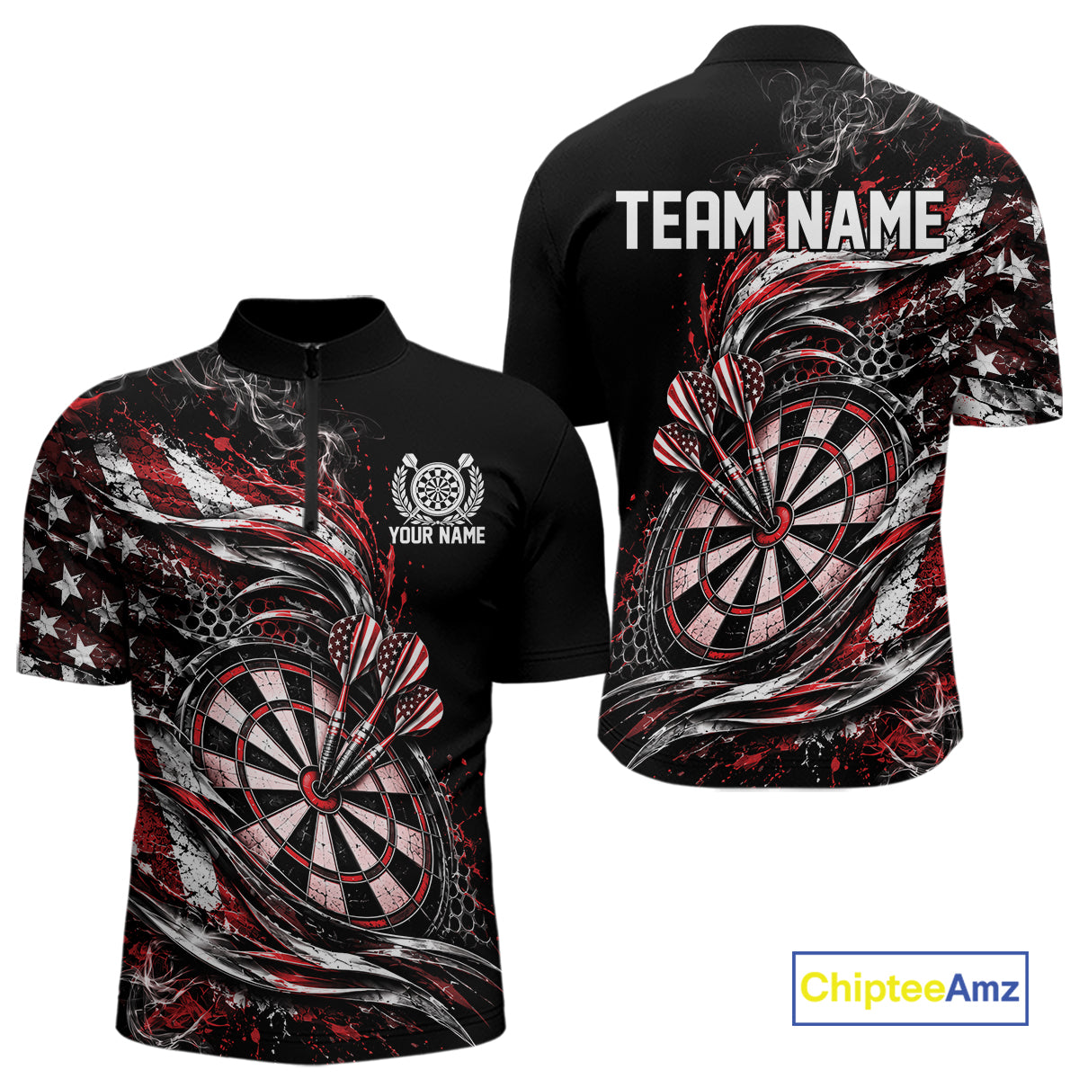 Custom Black And Red Patriotic Smoke US Flag Bullseye Dart Men Quarter Zip Shirt, Dart Jersey IPHW12517