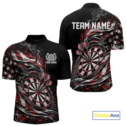 Custom Black And Red Patriotic Smoke US Flag Bullseye Dart Men Quarter Zip Shirt, Dart Jersey IPHW12517