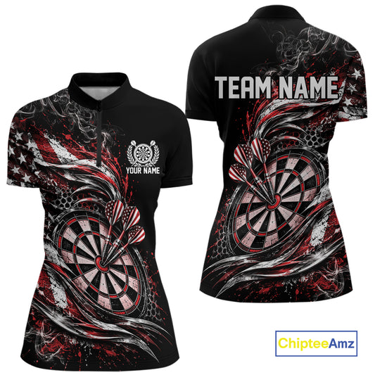 Custom Black And Red Patriotic Smoke US Flag Bullseye Dart Women Quarter-Zip Shirt IPHW12517