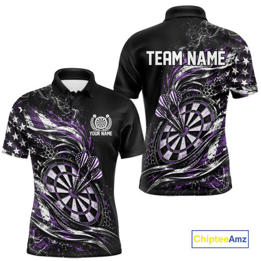 Custom Black And Purple Patriotic Smoke US Flag Bullseye Dart Men Polo Shirt, Dart Jersey IPHW12518