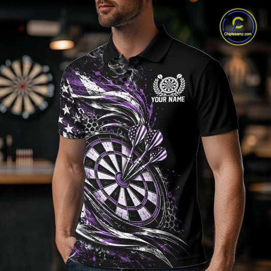 Custom Black And Purple Patriotic Smoke US Flag Bullseye Dart Men Polo Shirt, Dart Jersey IPHW12518