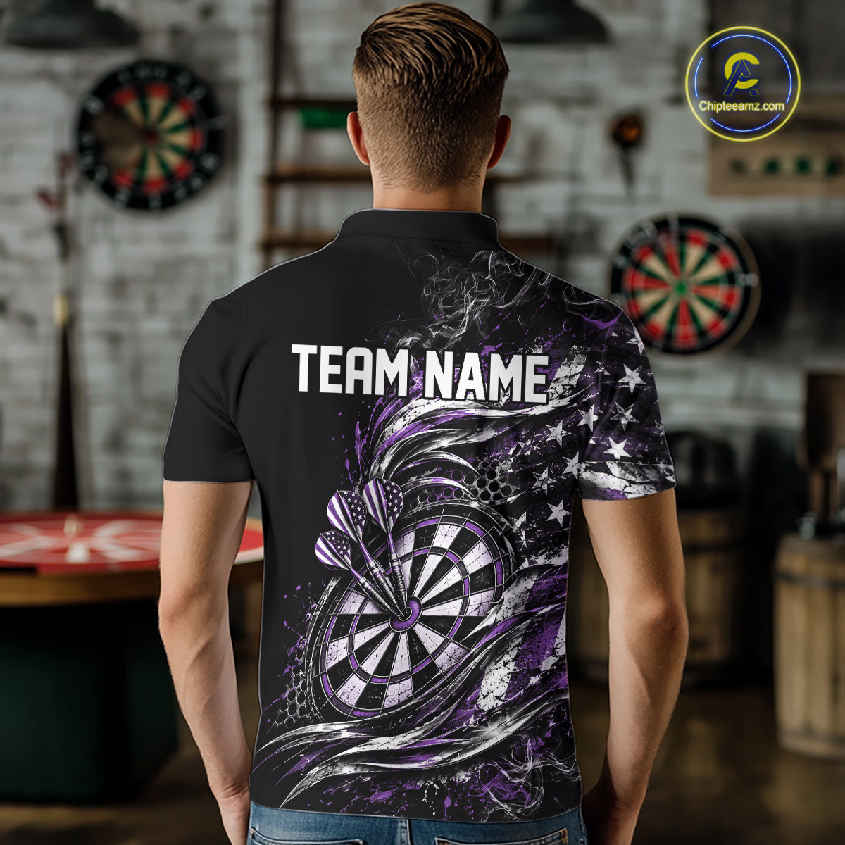 Custom Black And Purple Patriotic Smoke US Flag Bullseye Dart Men Polo Shirt, Dart Jersey IPHW12518