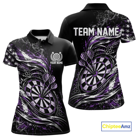 Custom Black And Purple Patriotic Smoke US Flag Bullseye Dart Women Polo Shirt, Dart Jersey IPHW12518