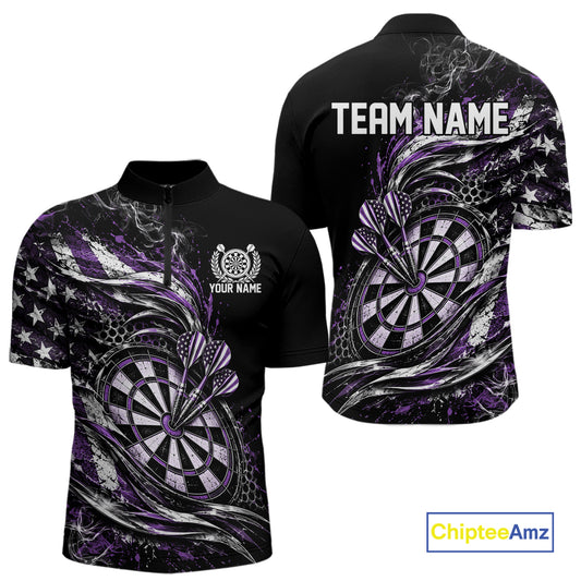 Custom Black And Purple Patriotic Smoke US Flag Bullseye Dart Men Quarter Zip Shirt, Dart Jersey IPHW12518