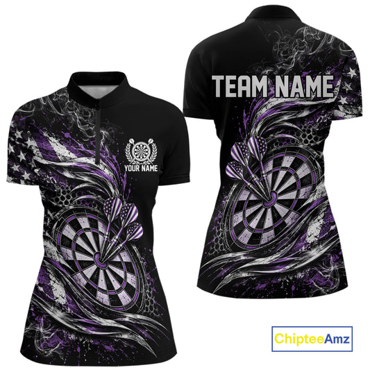 Custom Black And Purple Patriotic Smoke US Flag Bullseye Dart Women Quarter-Zip Shirt IPHW12518