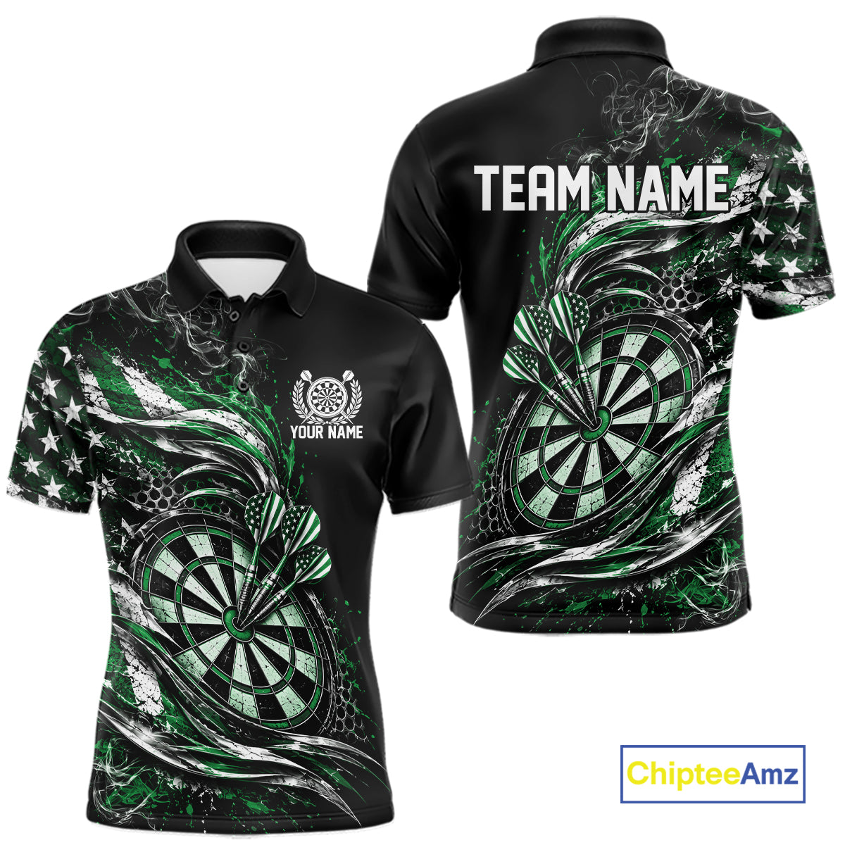 Custom Black And Green Patriotic Smoke US Flag Bullseye Dart Men Polo Shirt, Dart Jersey IPHW12519