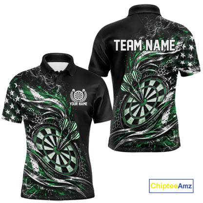 Custom Black And Green Patriotic Smoke US Flag Bullseye Dart Men Polo Shirt, Dart Jersey IPHW12519