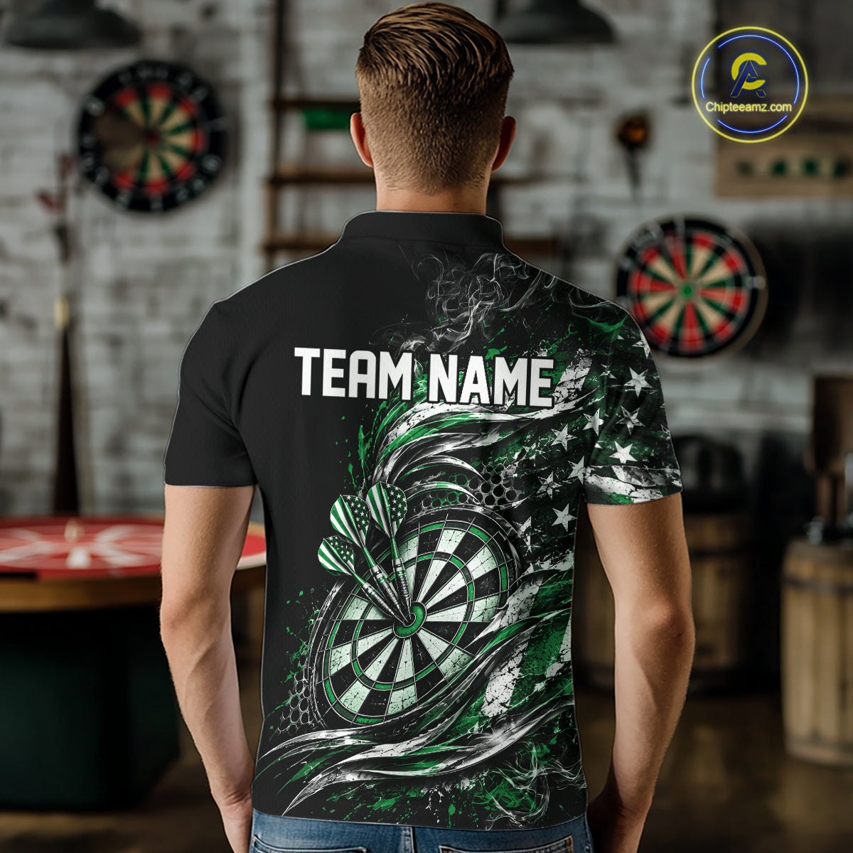 Custom Black And Green Patriotic Smoke US Flag Bullseye Dart Men Polo Shirt, Dart Jersey IPHW12519