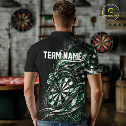 Custom Black And Green Patriotic Smoke US Flag Bullseye Dart Men Polo Shirt, Dart Jersey IPHW12519