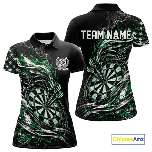 Custom Black And Green Patriotic Smoke US Flag Bullseye Dart Women Polo Shirt, Dart Jersey IPHW12519