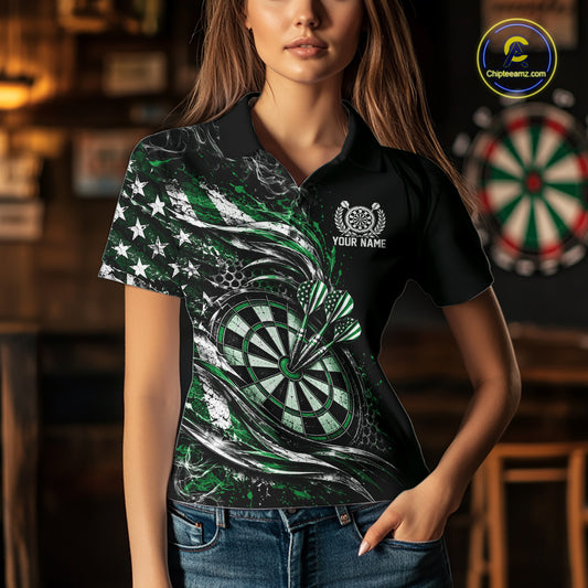 Custom Black And Green Patriotic Smoke US Flag Bullseye Dart Women Polo Shirt, Dart Jersey IPHW12519