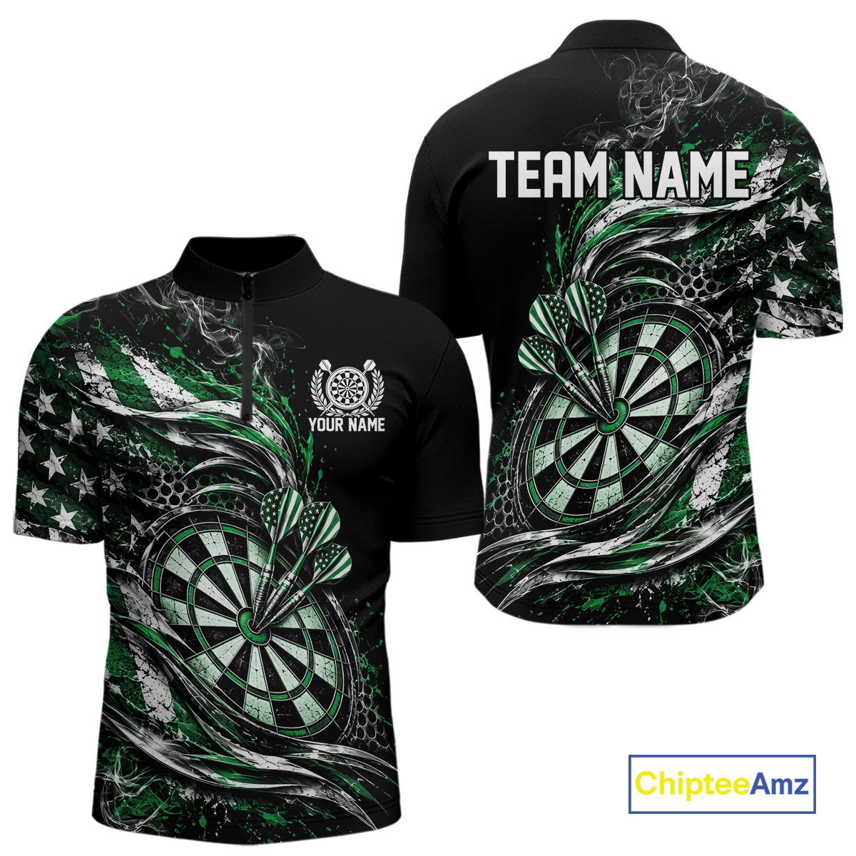 Custom Black And Green Patriotic Smoke US Flag Bullseye Dart Men Quarter Zip Shirt, Dart Jersey IPHW12519