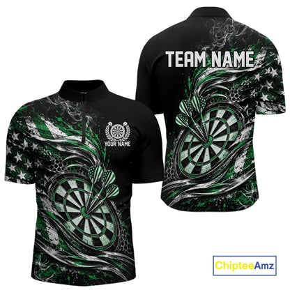 Custom Black And Green Patriotic Smoke US Flag Bullseye Dart Men Quarter Zip Shirt, Dart Jersey IPHW12519