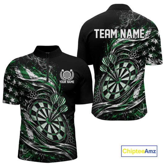 Custom Black And Green Patriotic Smoke US Flag Bullseye Dart Men Quarter Zip Shirt, Dart Jersey IPHW12519