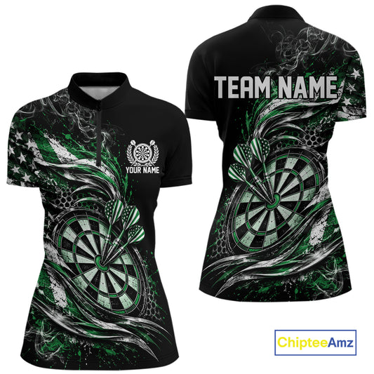 Custom Black And Green Patriotic Smoke US Flag Bullseye Dart Women Quarter-Zip Shirt IPHW12519