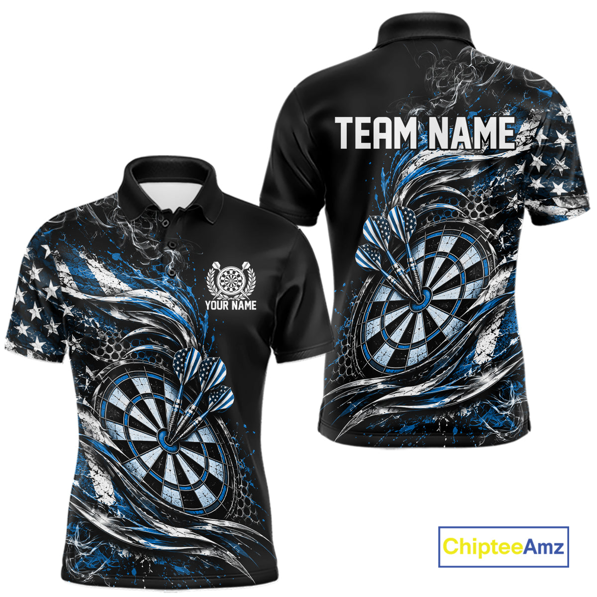 Custom Black And Blue Patriotic Smoke US Flag Bullseye Dart Men Polo Shirt, Dart Jersey IPHW12520