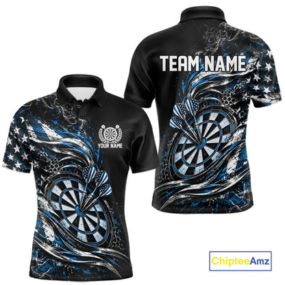 Custom Black And Blue Patriotic Smoke US Flag Bullseye Dart Men Polo Shirt, Dart Jersey IPHW12520