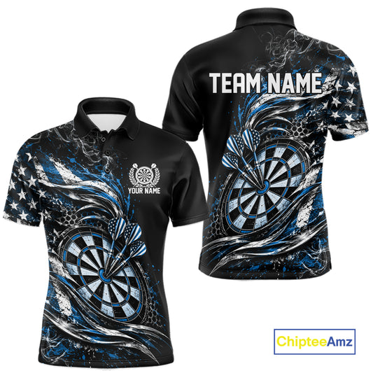 Custom Black And Blue Patriotic Smoke US Flag Bullseye Dart Men Polo Shirt, Dart Jersey IPHW12520