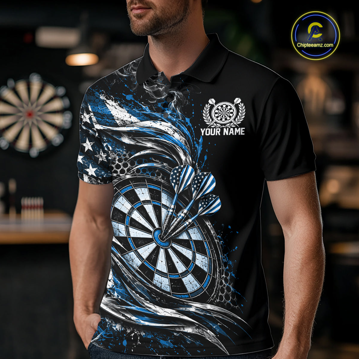 Custom Black And Blue Patriotic Smoke US Flag Bullseye Dart Men Polo Shirt, Dart Jersey IPHW12520