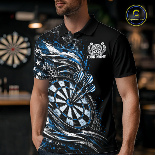 Custom Black And Blue Patriotic Smoke US Flag Bullseye Dart Men Polo Shirt, Dart Jersey IPHW12520