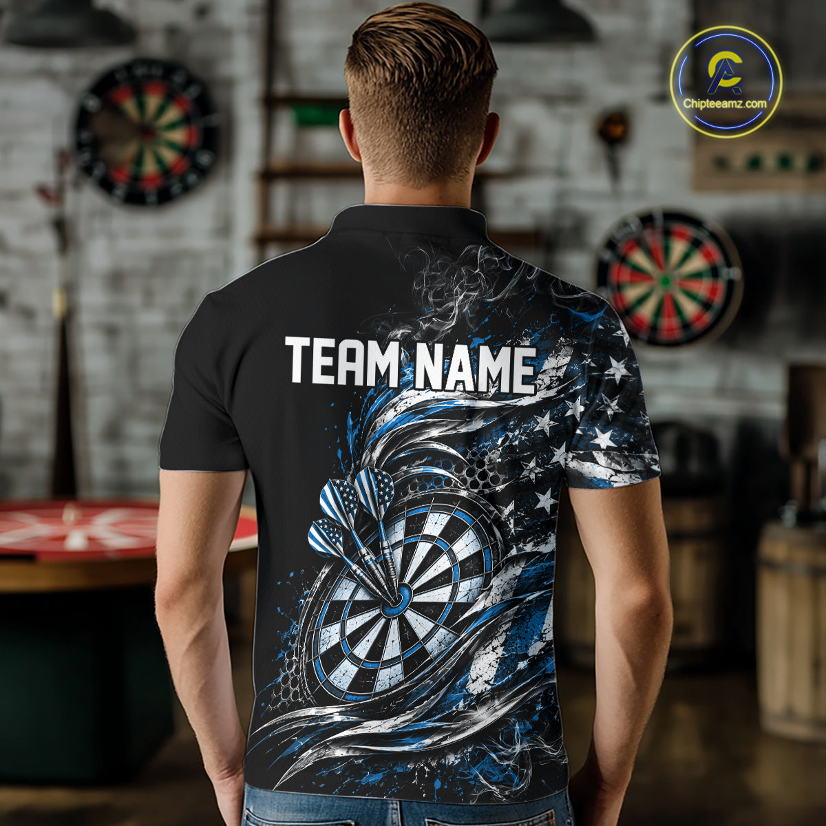 Custom Black And Blue Patriotic Smoke US Flag Bullseye Dart Men Polo Shirt, Dart Jersey IPHW12520