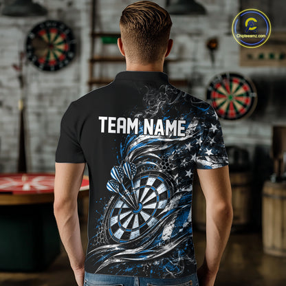 Custom Black And Blue Patriotic Smoke US Flag Bullseye Dart Men Polo Shirt, Dart Jersey IPHW12520