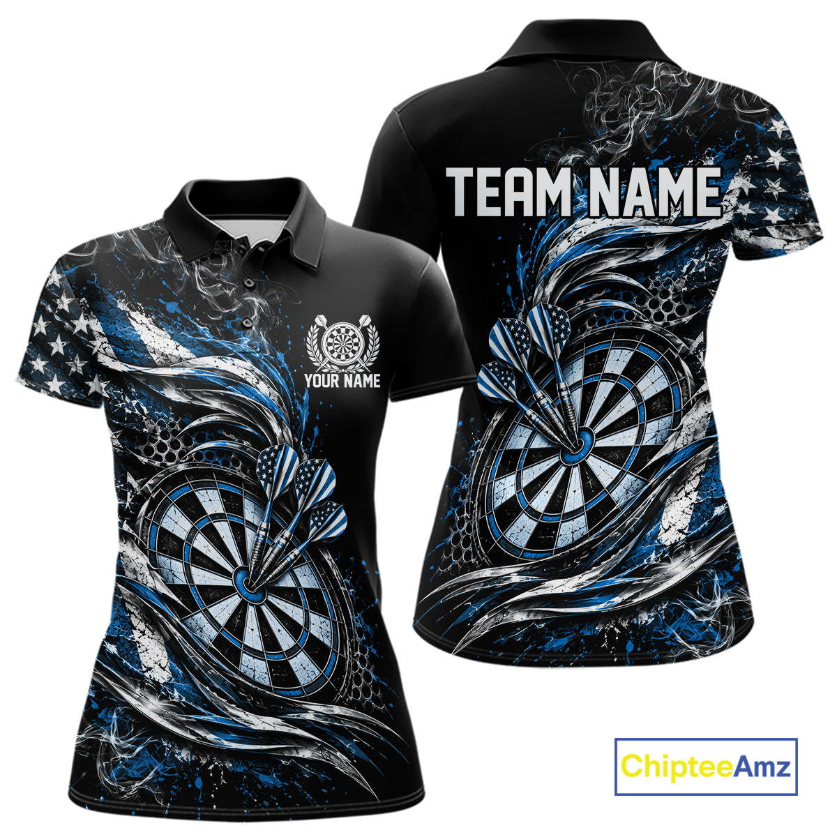 Custom Black And Blue Patriotic Smoke US Flag Bullseye Dart Women Polo Shirt, Dart Jersey IPHW12520