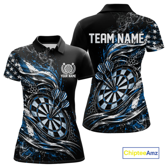 Custom Black And Blue Patriotic Smoke US Flag Bullseye Dart Women Polo Shirt, Dart Jersey IPHW12520