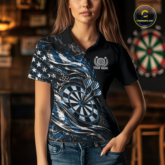 Custom Black And Blue Patriotic Smoke US Flag Bullseye Dart Women Polo Shirt, Dart Jersey IPHW12520
