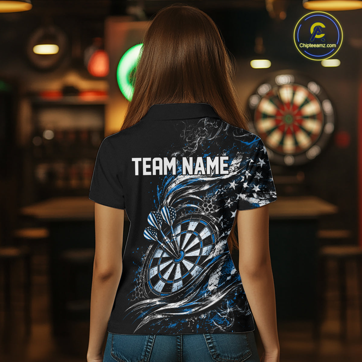 Custom Black And Blue Patriotic Smoke US Flag Bullseye Dart Women Polo Shirt, Dart Jersey IPHW12520