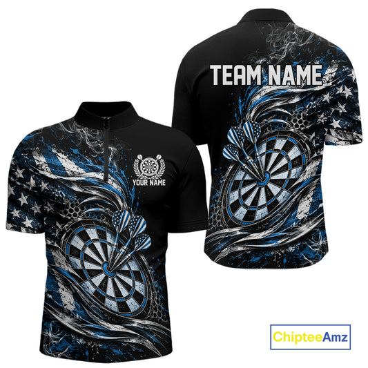 Custom Black And Blue Patriotic Smoke US Flag Bullseye Dart Men Quarter Zip Shirt, Dart Jersey IPHW12520