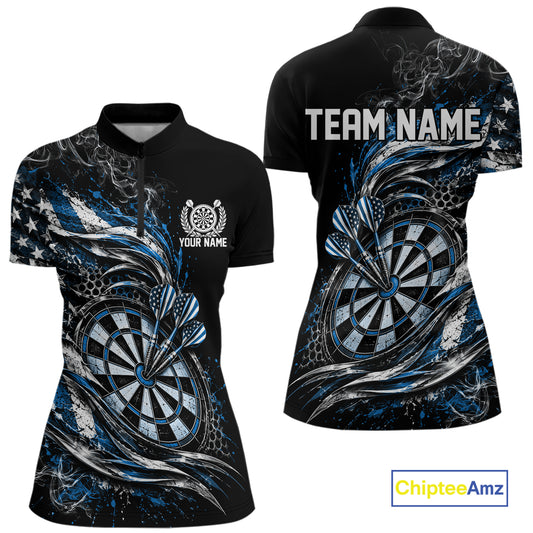 Custom Black And Blue Patriotic Smoke US Flag Bullseye Dart Women Quarter-Zip Shirt IPHW12520