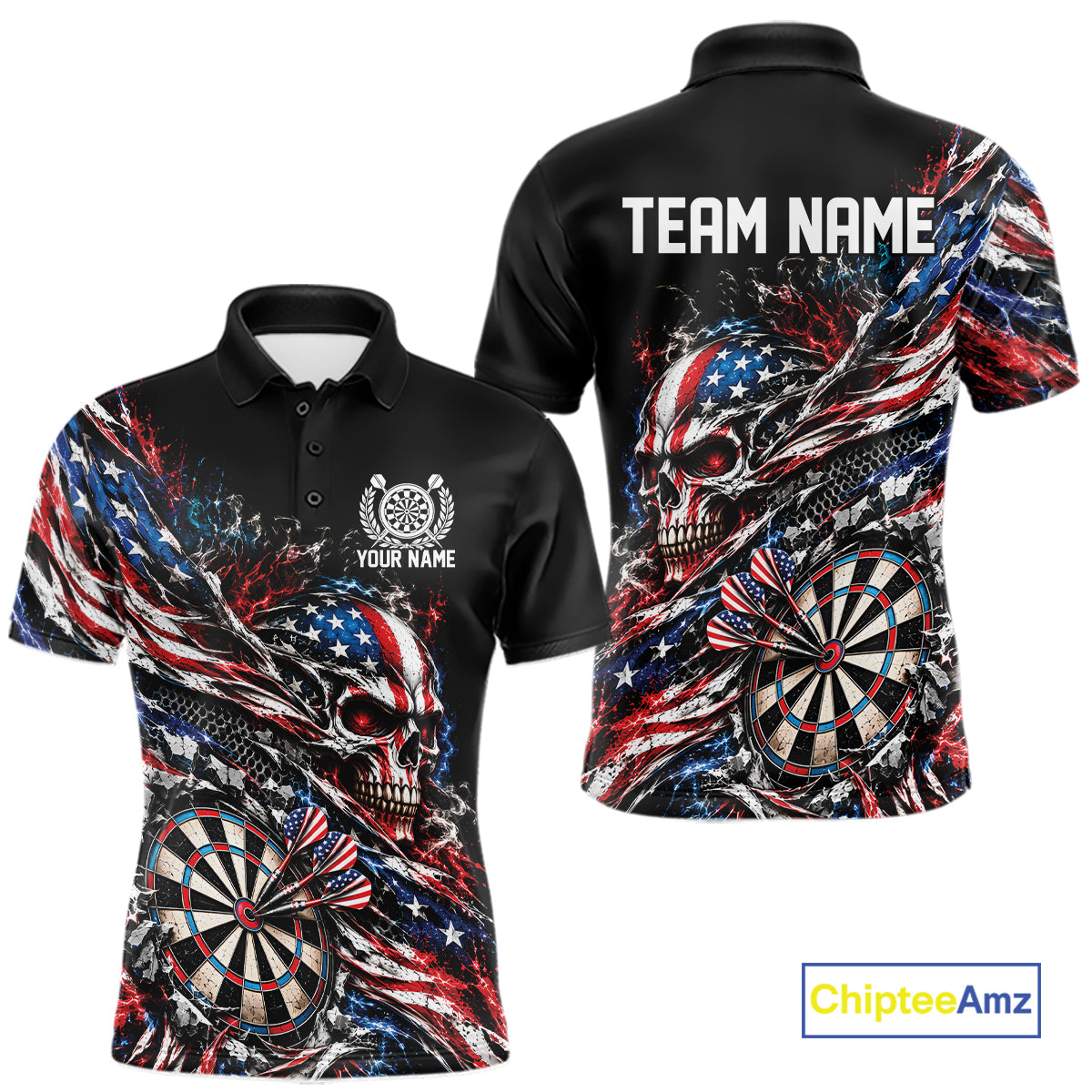 Custom Patriotic Dart Men Polo Shirt, US Flag Skull Dart League Team Jersey IPHW12526